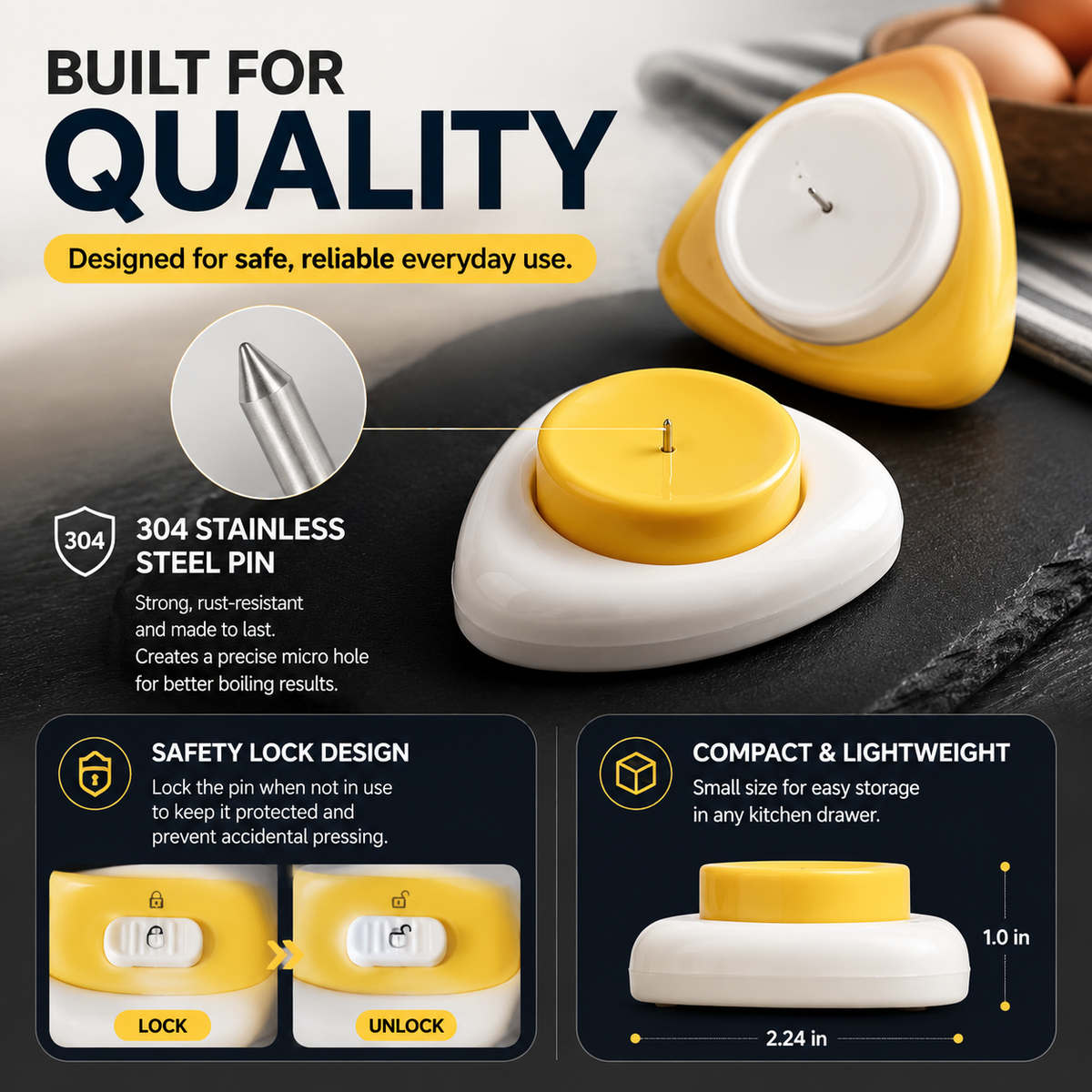 🥚 Egg Piercer for Perfect Boiled Eggs – Easy Peel Egg Tool with Safety Lock & 304 Stainless Steel Pin