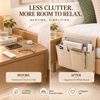 Bedside Storage Caddy with 5 Pockets – Felt Bed Organizer with Anti-Slip Velcro for Phone, Tablet, Books & Remotes