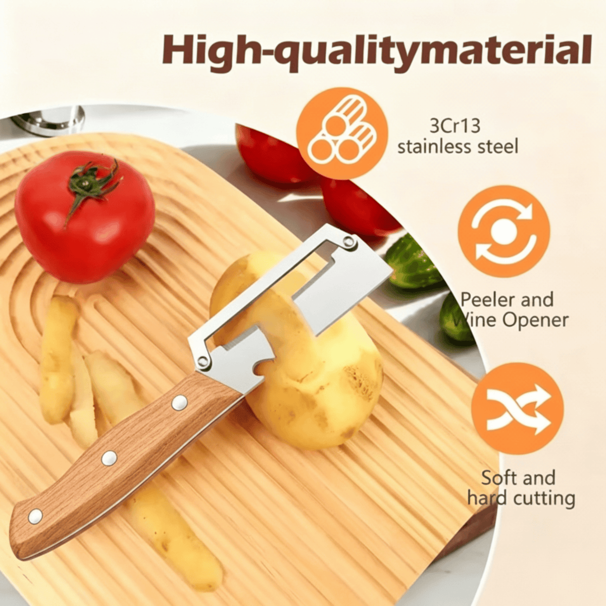 🔪✨Heavy-Duty Stainless Steel Vegetable Peeler with Ergonomic Wood Handle & Built-in Bottle Opener
