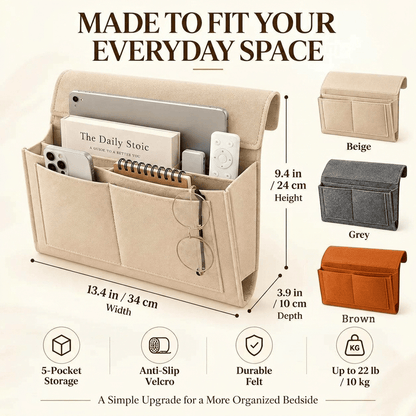 Bedside Storage Caddy with 5 Pockets – Felt Bed Organizer with Anti-Slip Velcro for Phone, Tablet, Books & Remotes