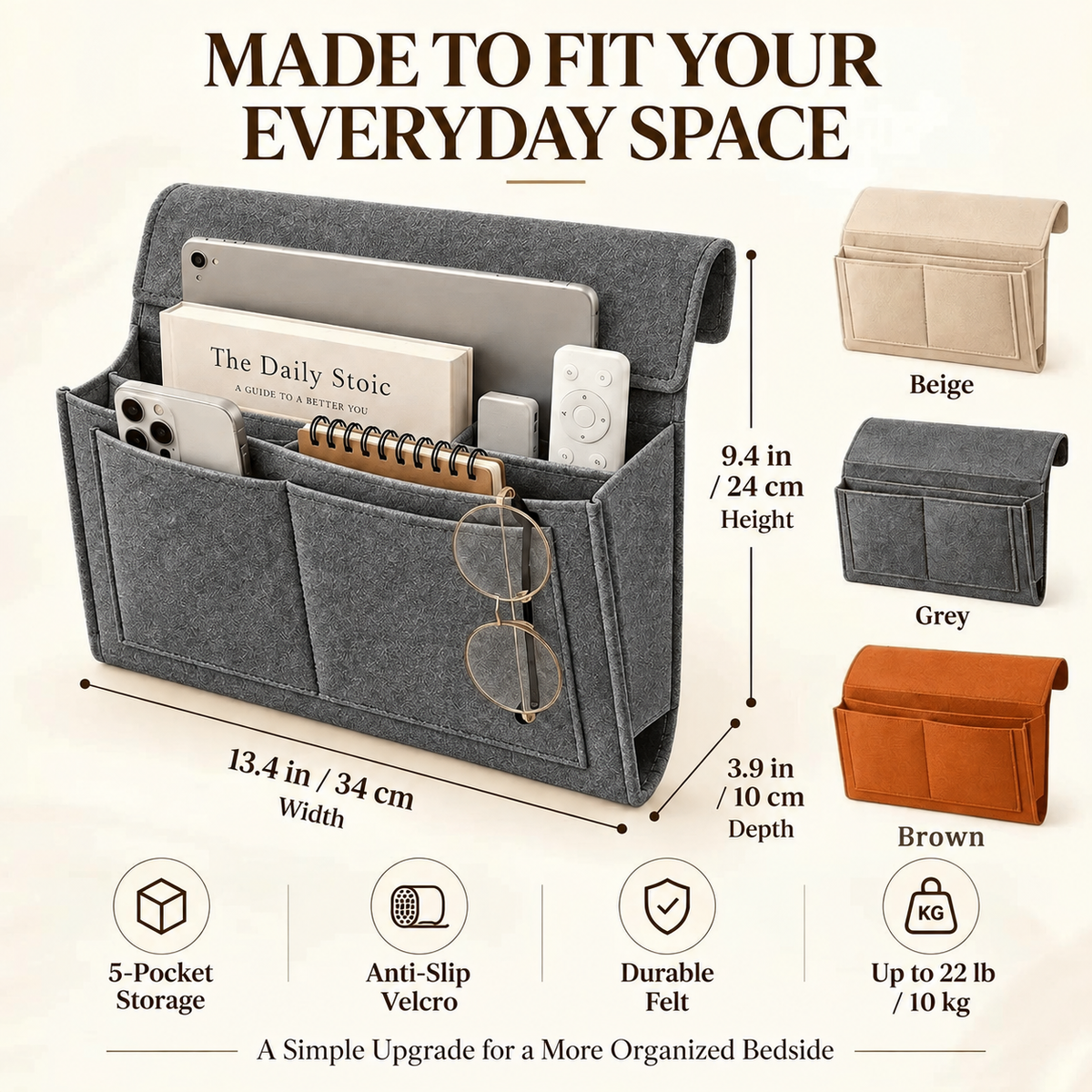 Bedside Storage Caddy with 5 Pockets – Felt Bed Organizer with Anti-Slip Velcro for Phone, Tablet, Books & Remotes