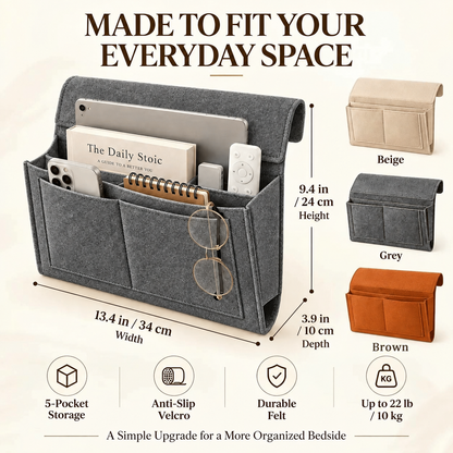 Bedside Storage Caddy with 5 Pockets – Felt Bed Organizer with Anti-Slip Velcro for Phone, Tablet, Books & Remotes