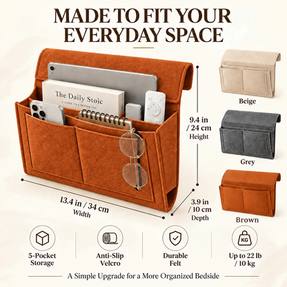 Bedside Storage Caddy with 5 Pockets – Felt Bed Organizer with Anti-Slip Velcro for Phone, Tablet, Books & Remotes