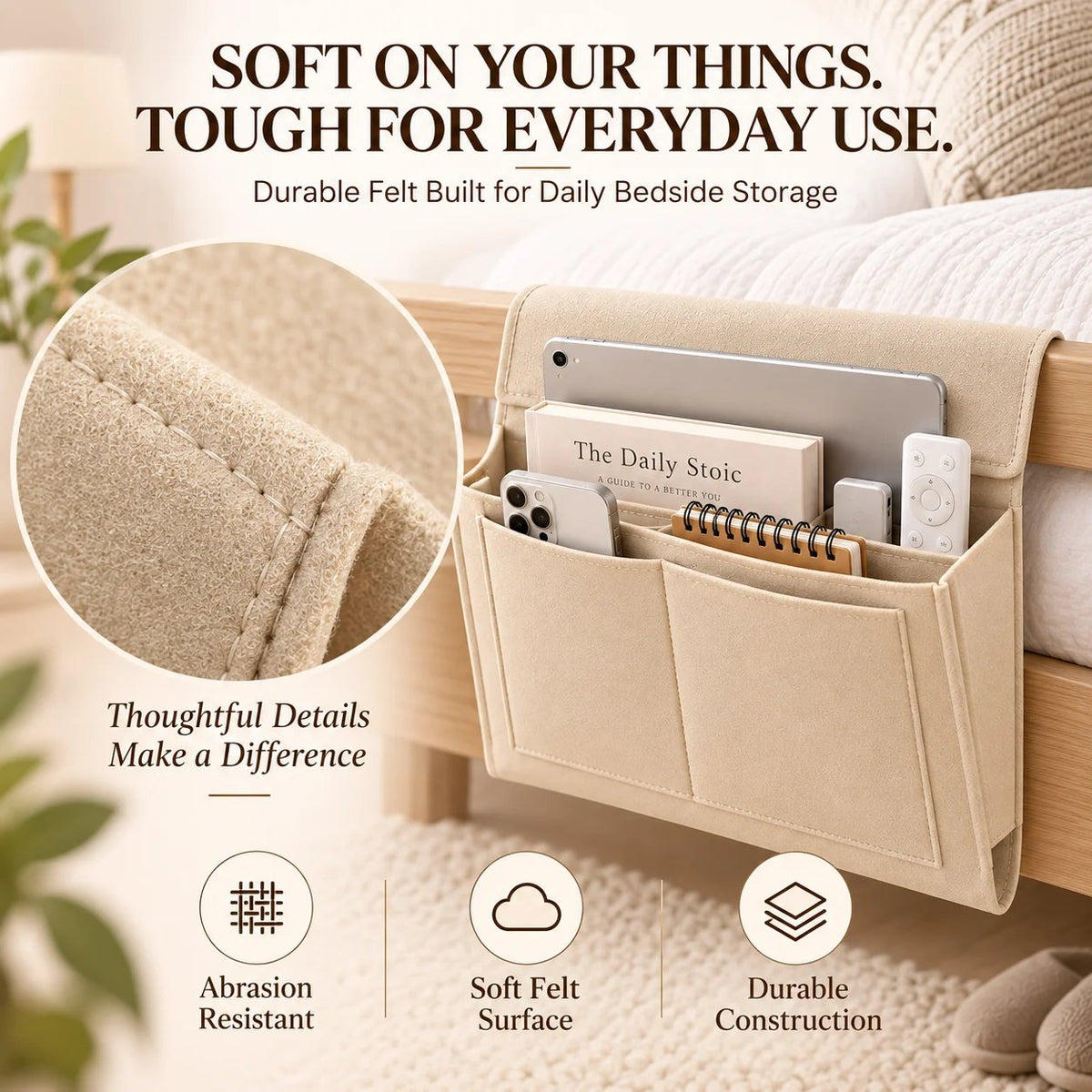 Bedside Storage Caddy with 5 Pockets – Felt Bed Organizer with Anti-Slip Velcro for Phone, Tablet, Books & Remotes
